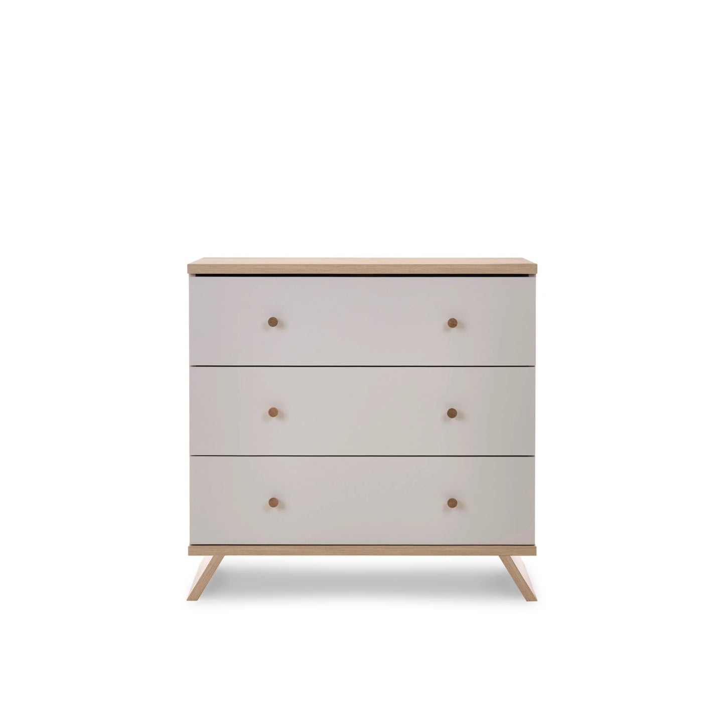 Obaby Thea changing unit chest changer in light wood and white with three drawers and angled legs