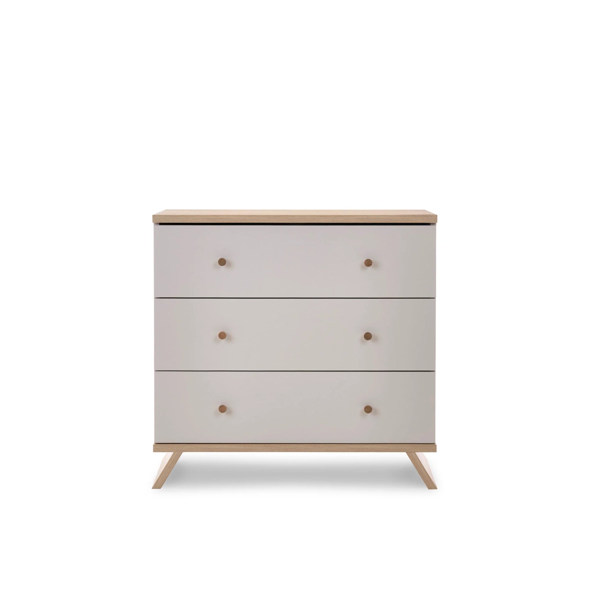 Obaby Thea changing unit chest changer in light wood and white with three drawers and angled legs