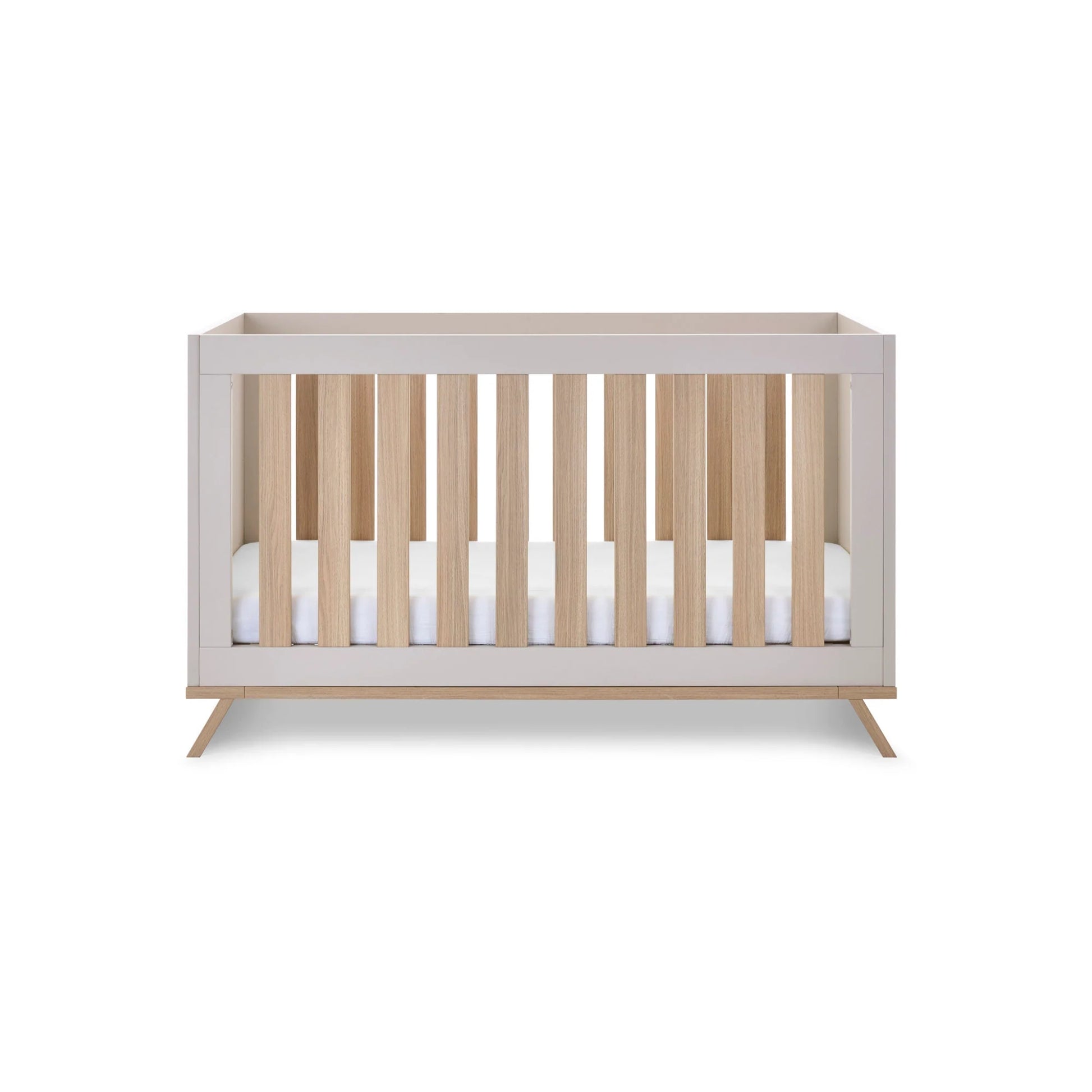 Obaby Thea cot bed latte with adjustable mattress height and modern wooden latte finish