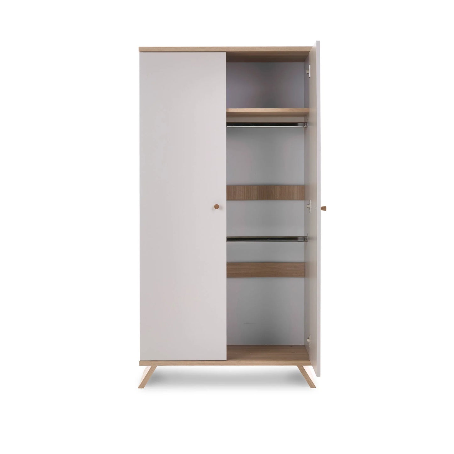 Obaby Thea double wardrobe in white and wood finish with two doors and spacious interior storage