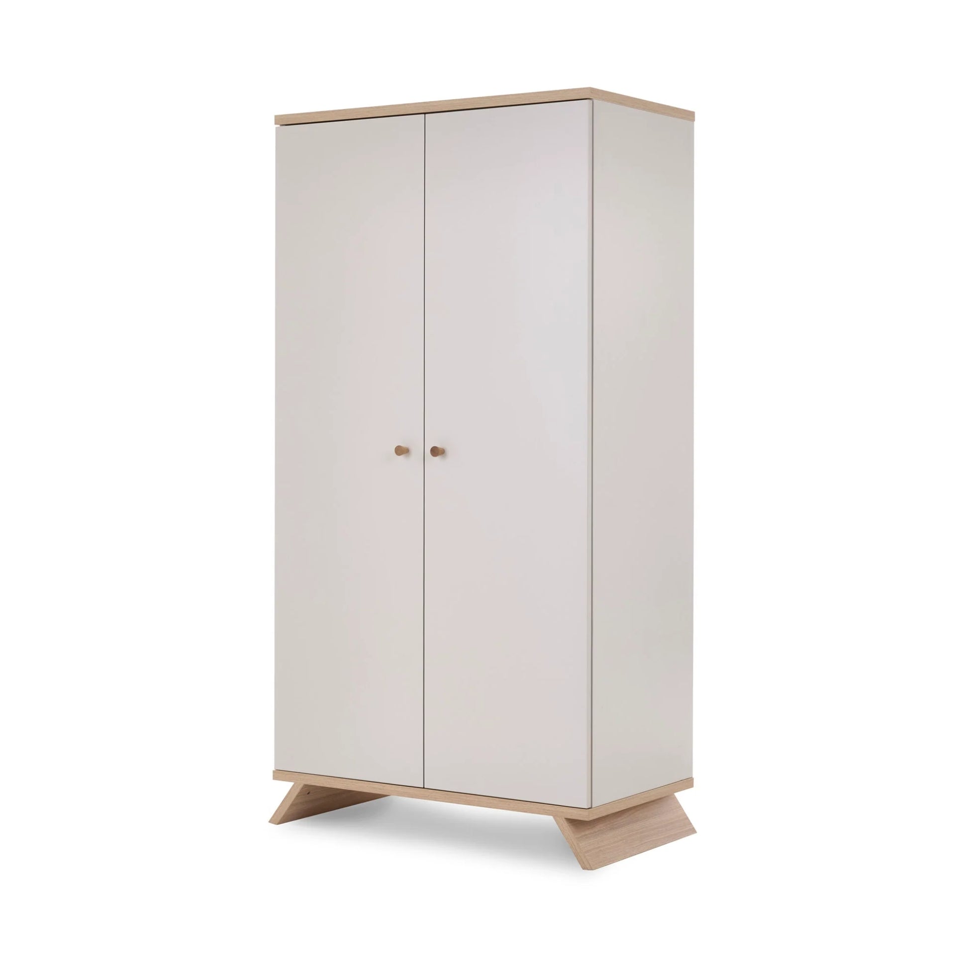 Obaby Thea double wardrobe in white with natural wood trim and sleek handles for nursery storage