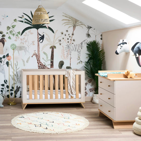 Obaby Thea nursery furniture set with cot and changing unit in natural wood and cream finish