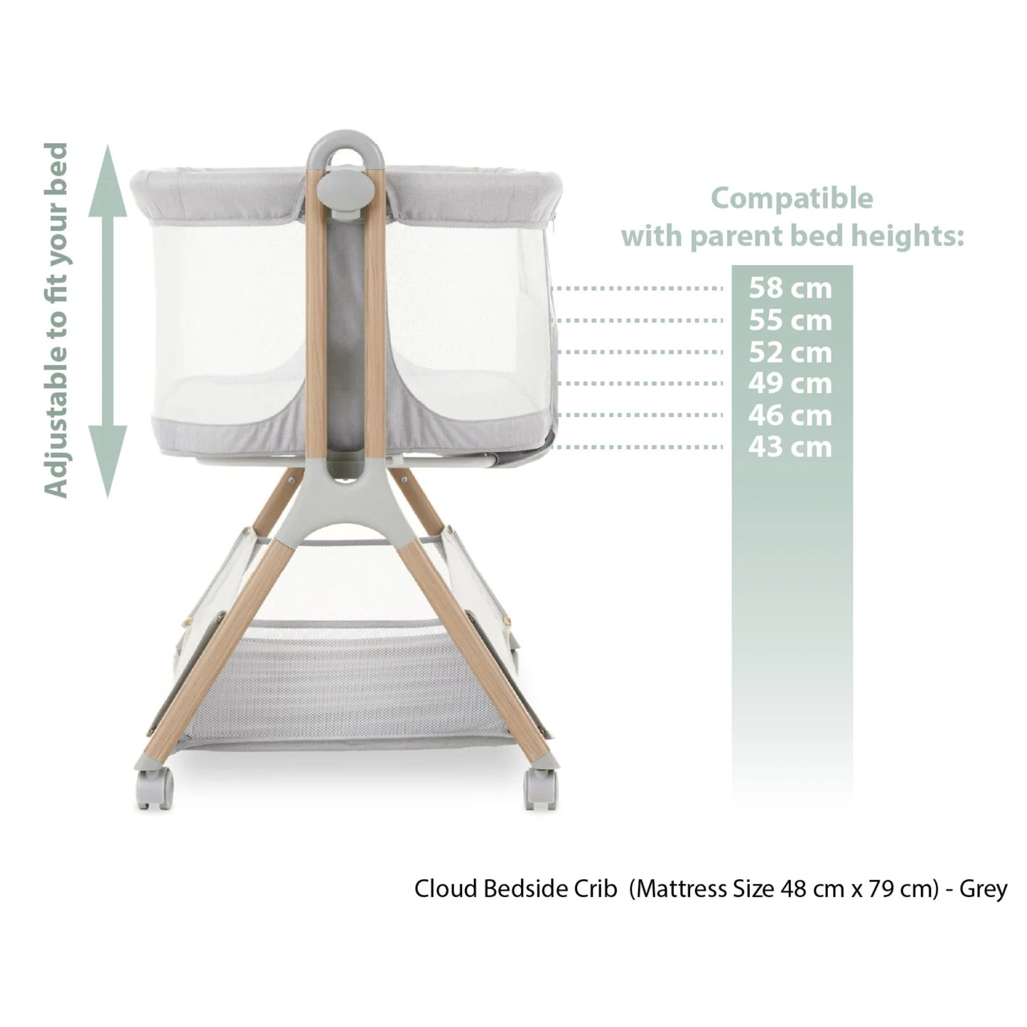 Obaby Cloud Bedside Crib - Grey - Dreamy Nursery