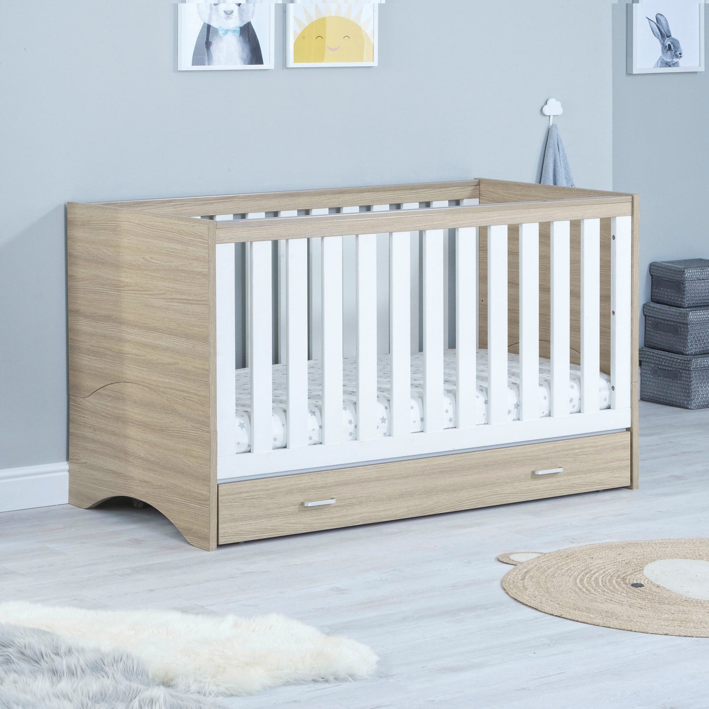 Veni Cot Bed (with under-cot storage) - Oak & White