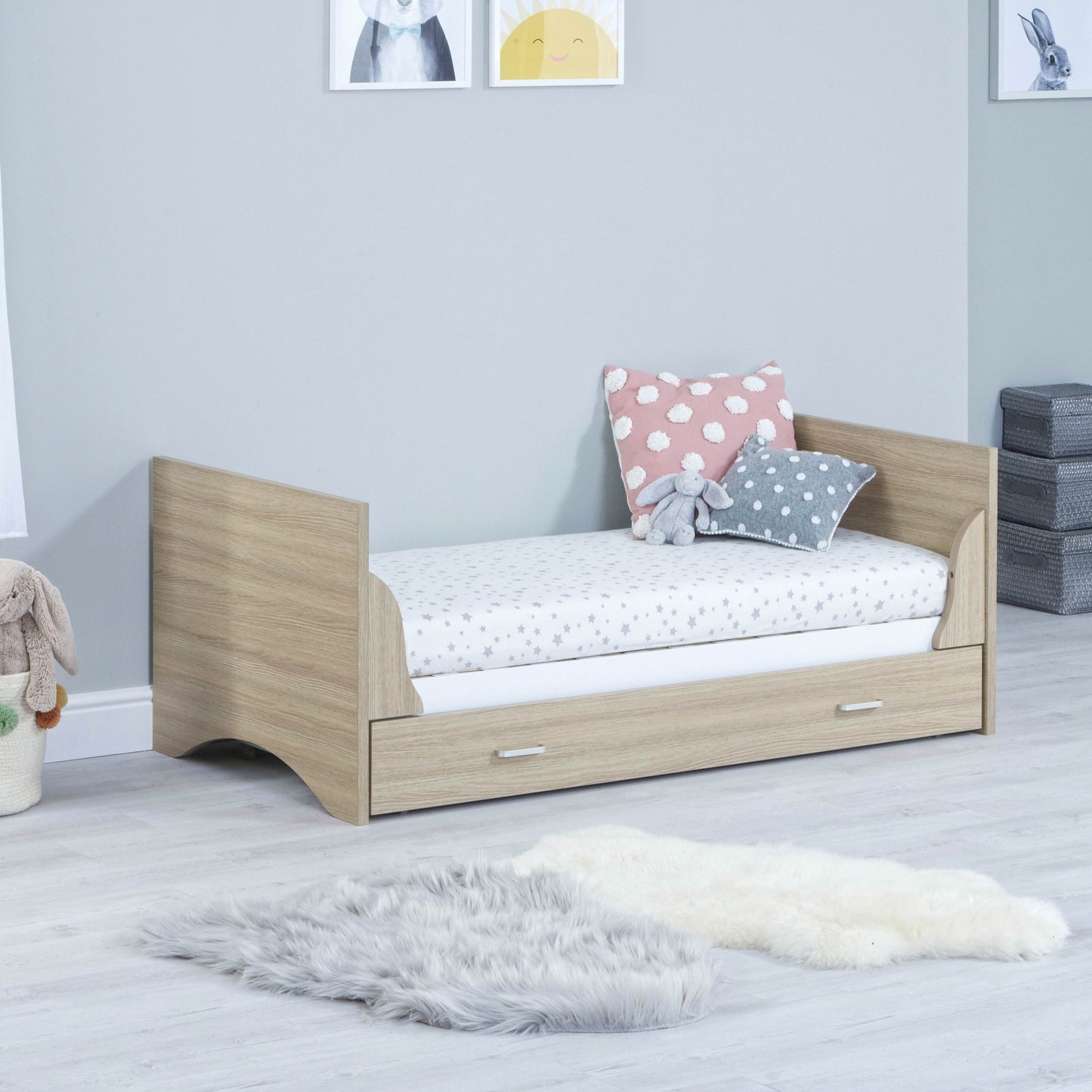 Babymore Veni 3 Piece Nursery Room Set (with under-cot storage) - White & Oak