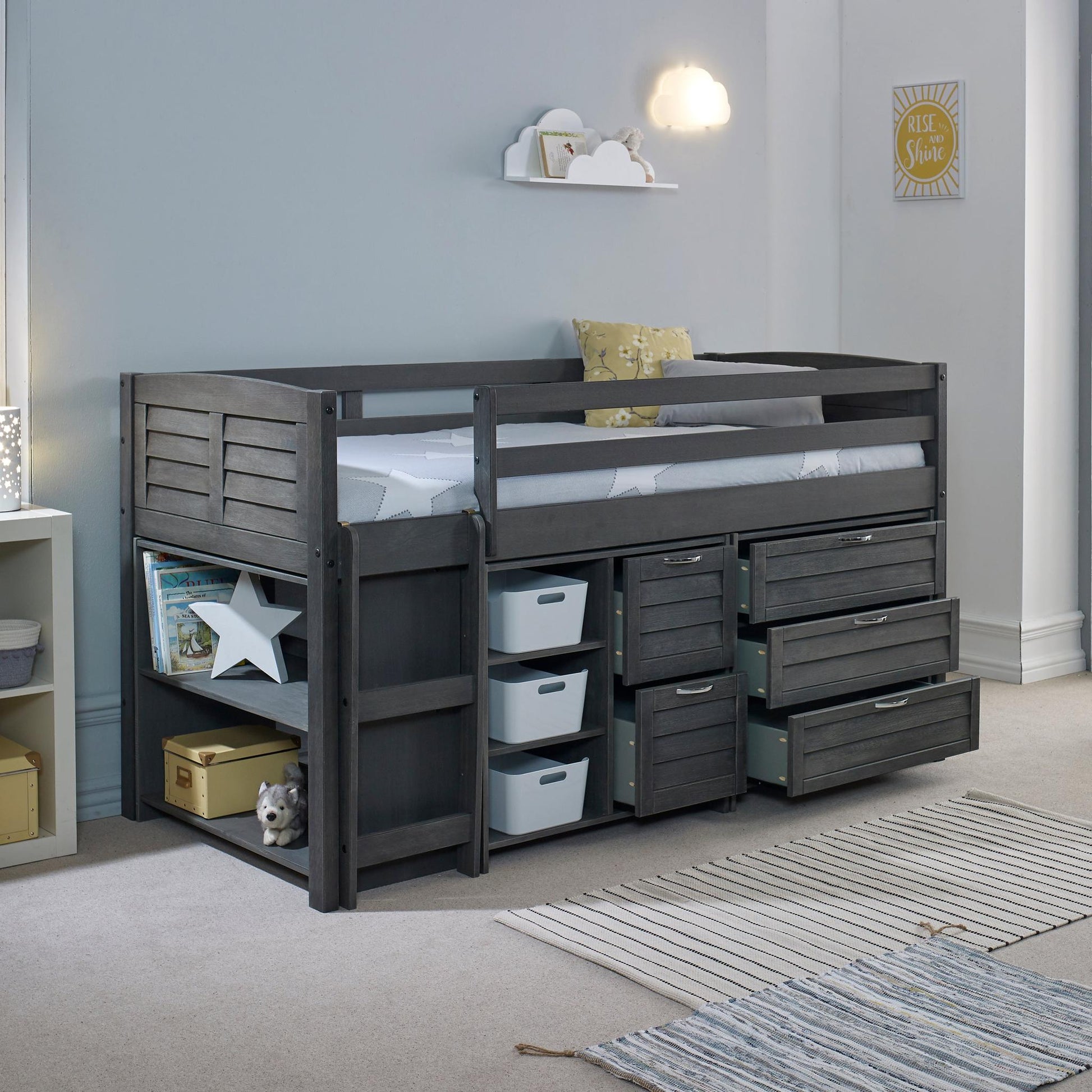 Amani Cozy Mid Sleeper - Grey (Ladder Left)-Dreamy Nursery