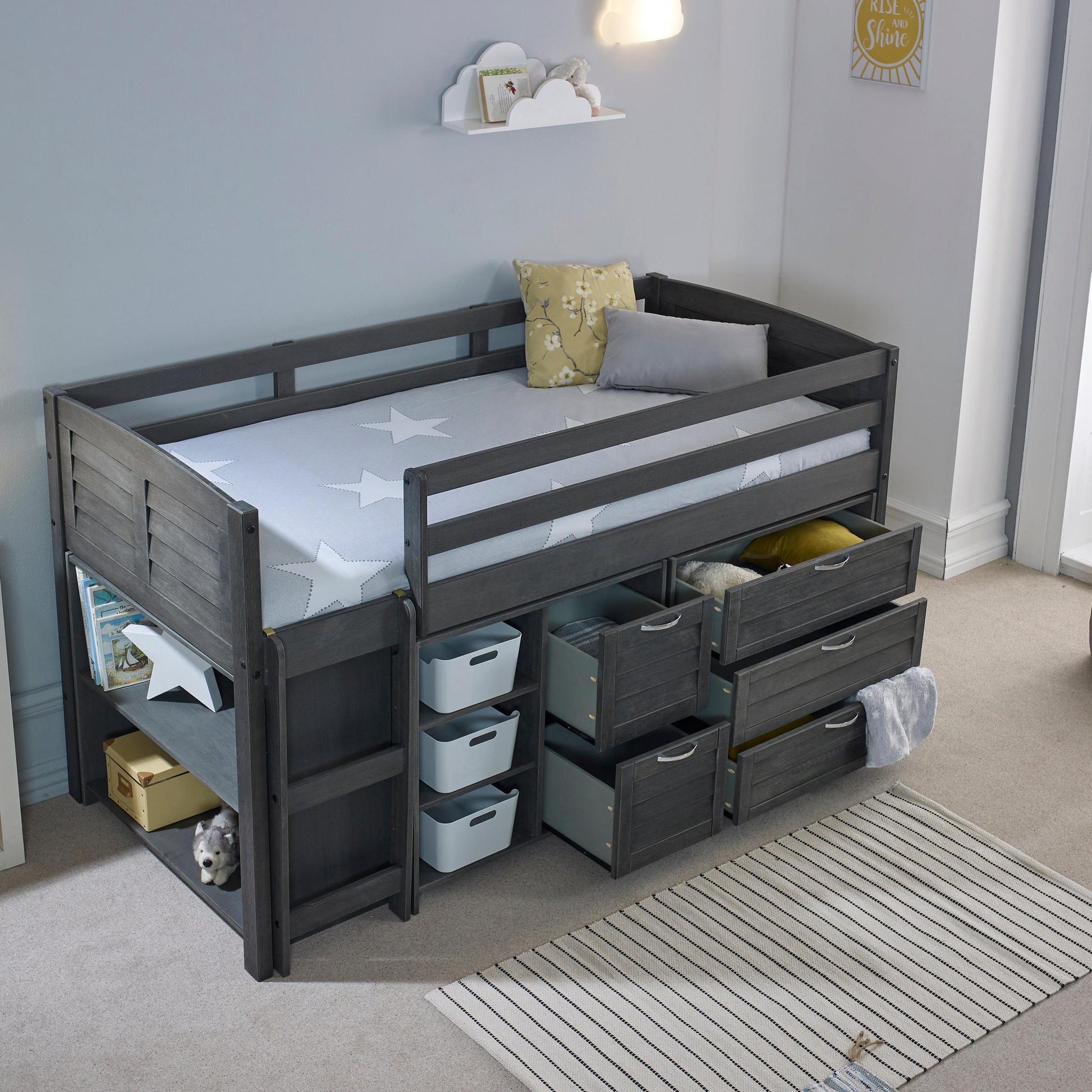 Amani Cozy Mid Sleeper - Grey (Ladder Left)-Dreamy Nursery