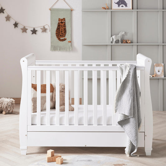 Babymore Eva Sleigh Cot Bed Drop Side (with under-cot storage) - White-Dreamy Nursery