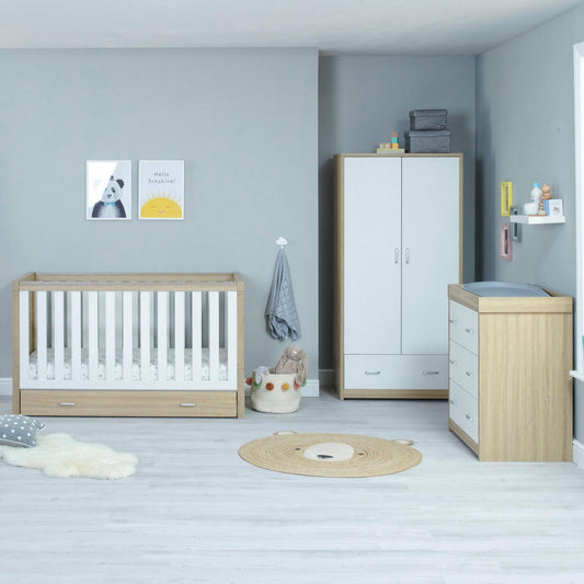 Babymore Luno 3 Piece Nursery Furniture Set – Oak & White (with under-cot storage)-Dreamy Nursery