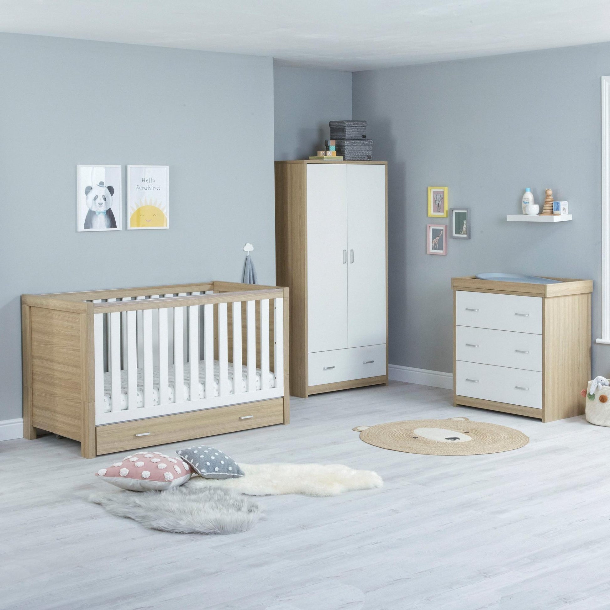 Babymore Luno 3 Piece Nursery Furniture Set – Oak & White (with under-cot storage)-Dreamy Nursery
