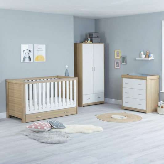 Babymore Luno 3 Piece Nursery Furniture Set – Oak & White (with under-cot storage)-Dreamy Nursery