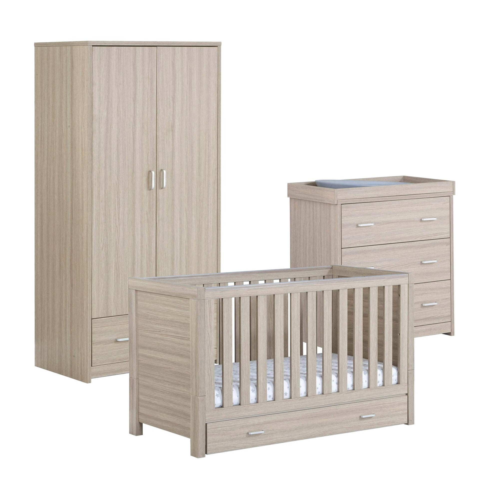 Babymore Luno 3 Piece Nursery Furniture Set – Oak (with under-cot storage)-Dreamy Nursery