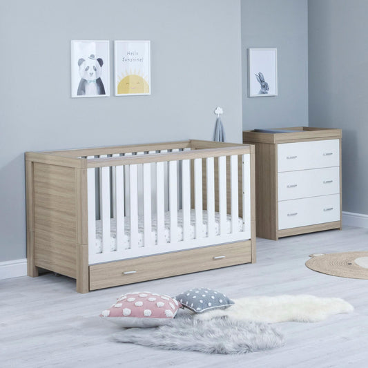 Babymore Veni 2 Piece Nursery Room Set (with under-cot storage) - White & Oak-Dreamy Nursery