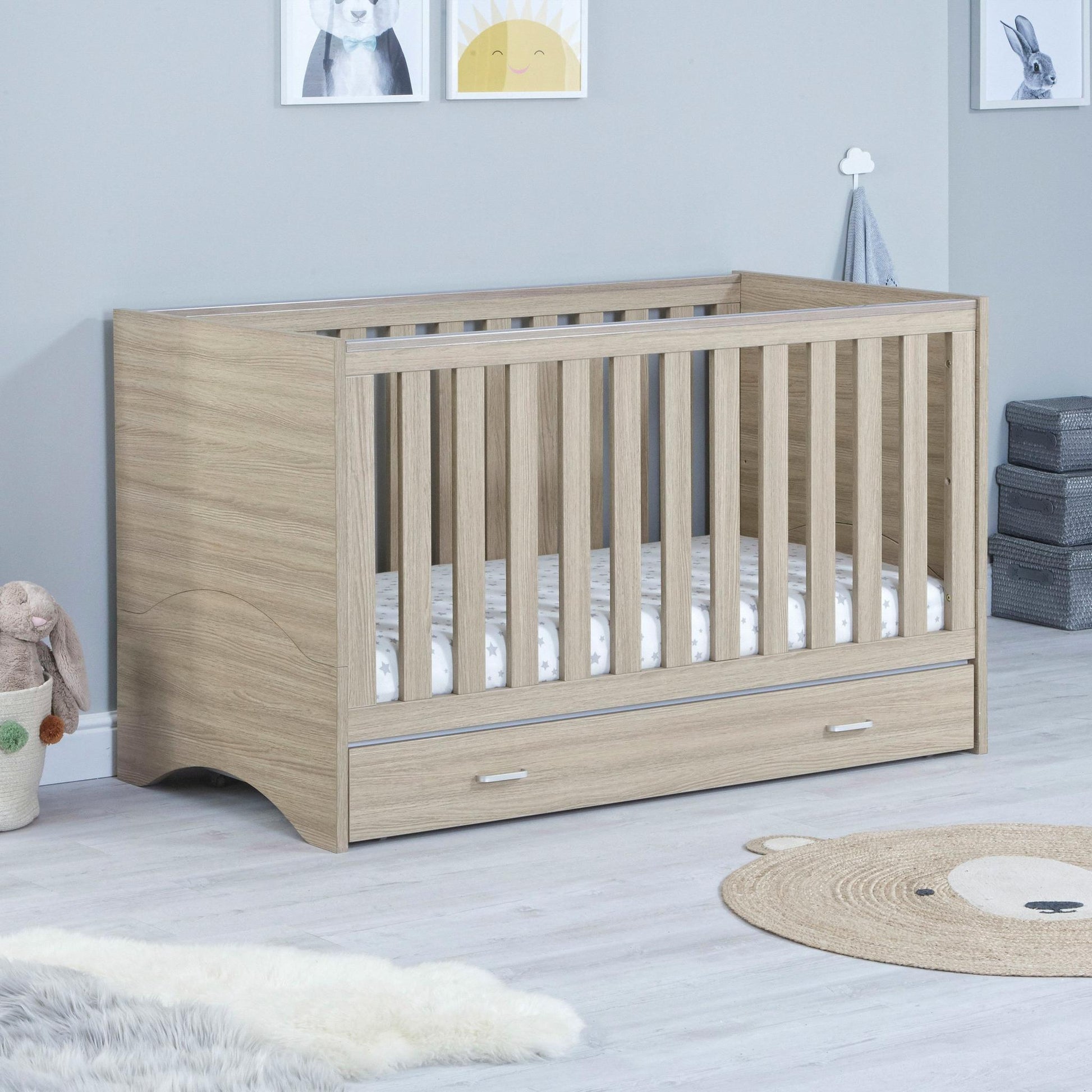 Babymore Veni 3 Piece Nursery Room Set (with under-cot storage) - Oak-Dreamy Nursery
