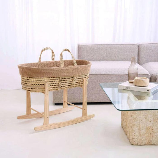 Clair De Lune Organic Knitted Palm Moses Basket (with Rocking Stand) - Biscuit-Dreamy Nursery