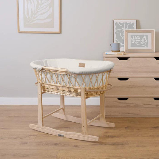 Clair De Lune Organic Natural Wicker Moses Basket (with Rocking Stand) - White-Dreamy Nursery