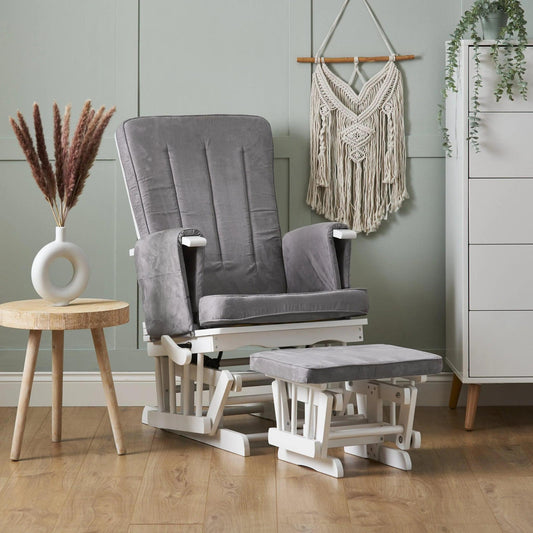 Obaby Deluxe Reclining Glider Chair and Stool - White with Grey Cushion-Dreamy Nursery