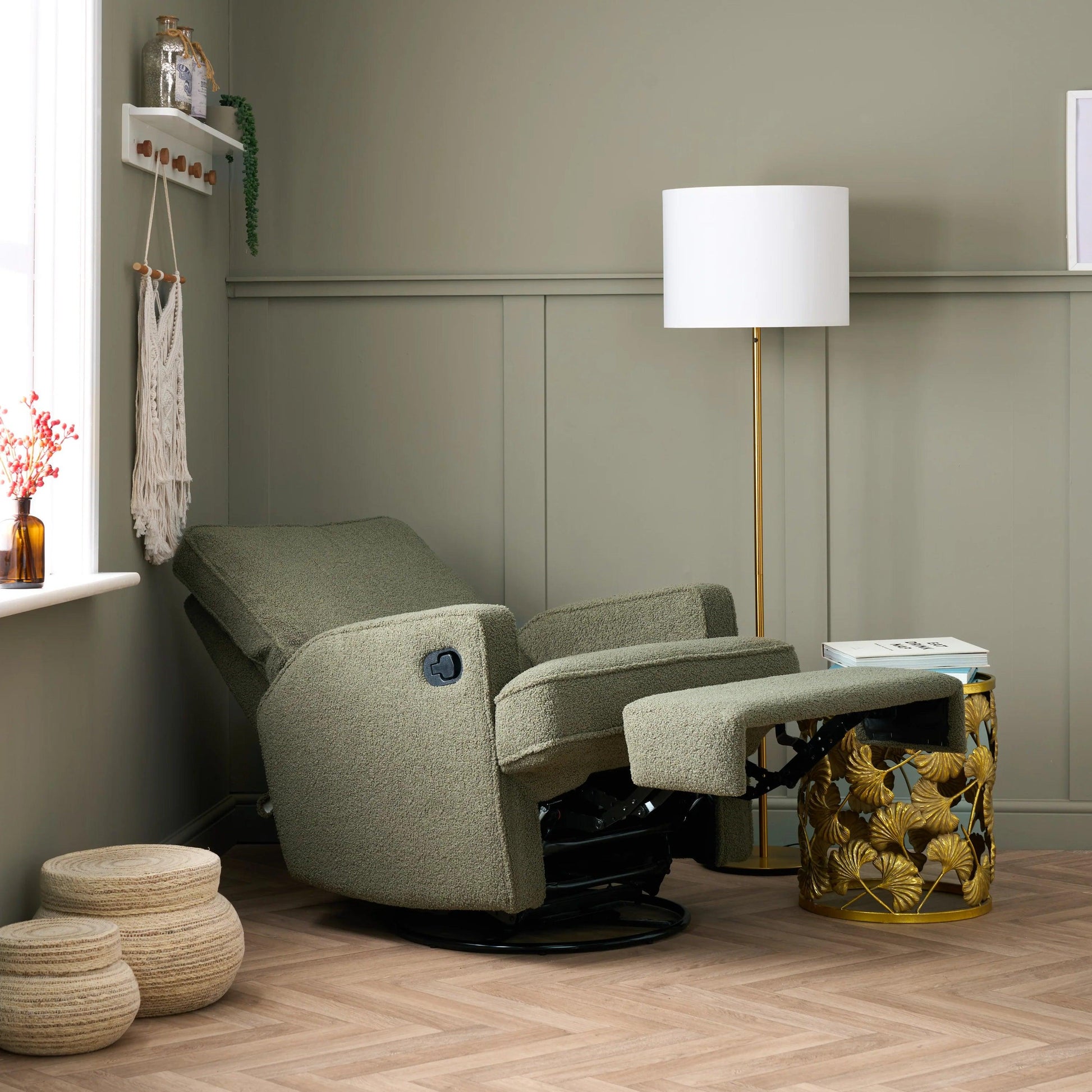 Obaby Madison Swivel Glider Recliner Chair - Teddy Fabric Olive-Dreamy Nursery