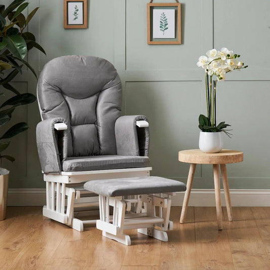 Obaby Reclining Glider Chair and Stool - White with Grey Cushion-Dreamy Nursery