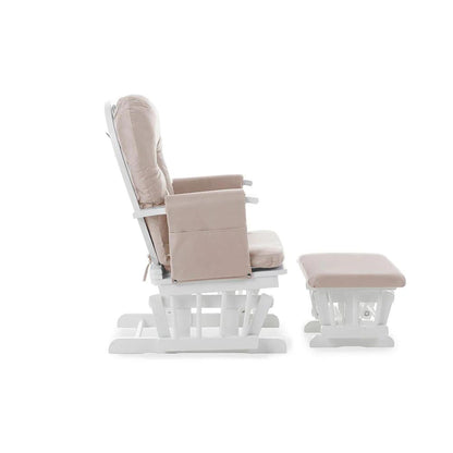 Obaby Reclining Glider Chair and Stool - White with Sand Cushion-Dreamy Nursery
