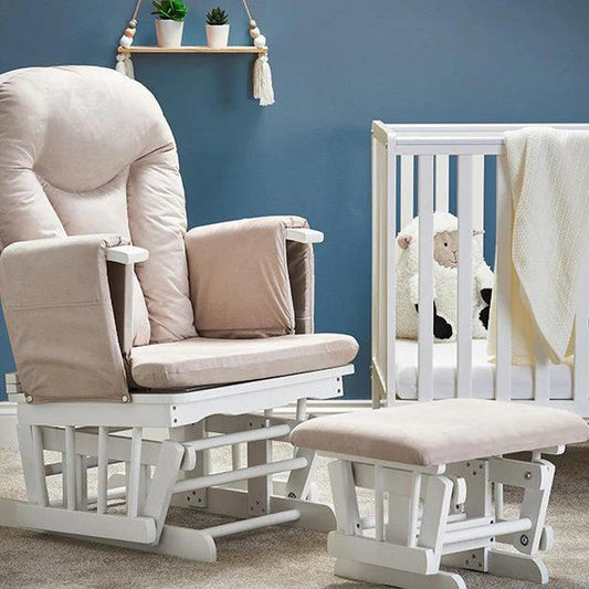 Obaby Reclining Glider Chair and Stool - White with Sand Cushion-Dreamy Nursery