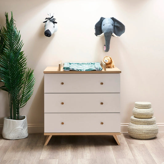 Obaby Thea changing unit chest changer in neutral colours with wooden knobs and decorative soft toys