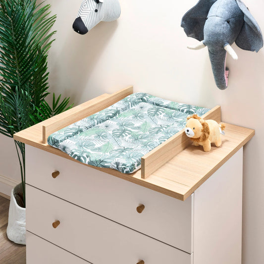 Obaby Thea changing unit chest changer with wooden frame and tropical leaf patterned changing mat