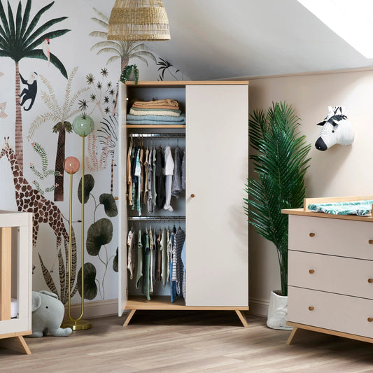 Obaby Thea double wardrobe in cream with natural wood trim open showing organised children's clothes in stylish nursery