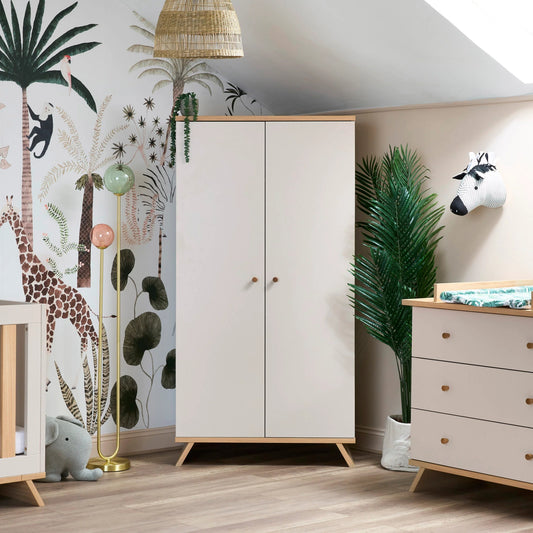 Obaby Thea double wardrobe in white with wooden handles in a children's room with jungle wall art