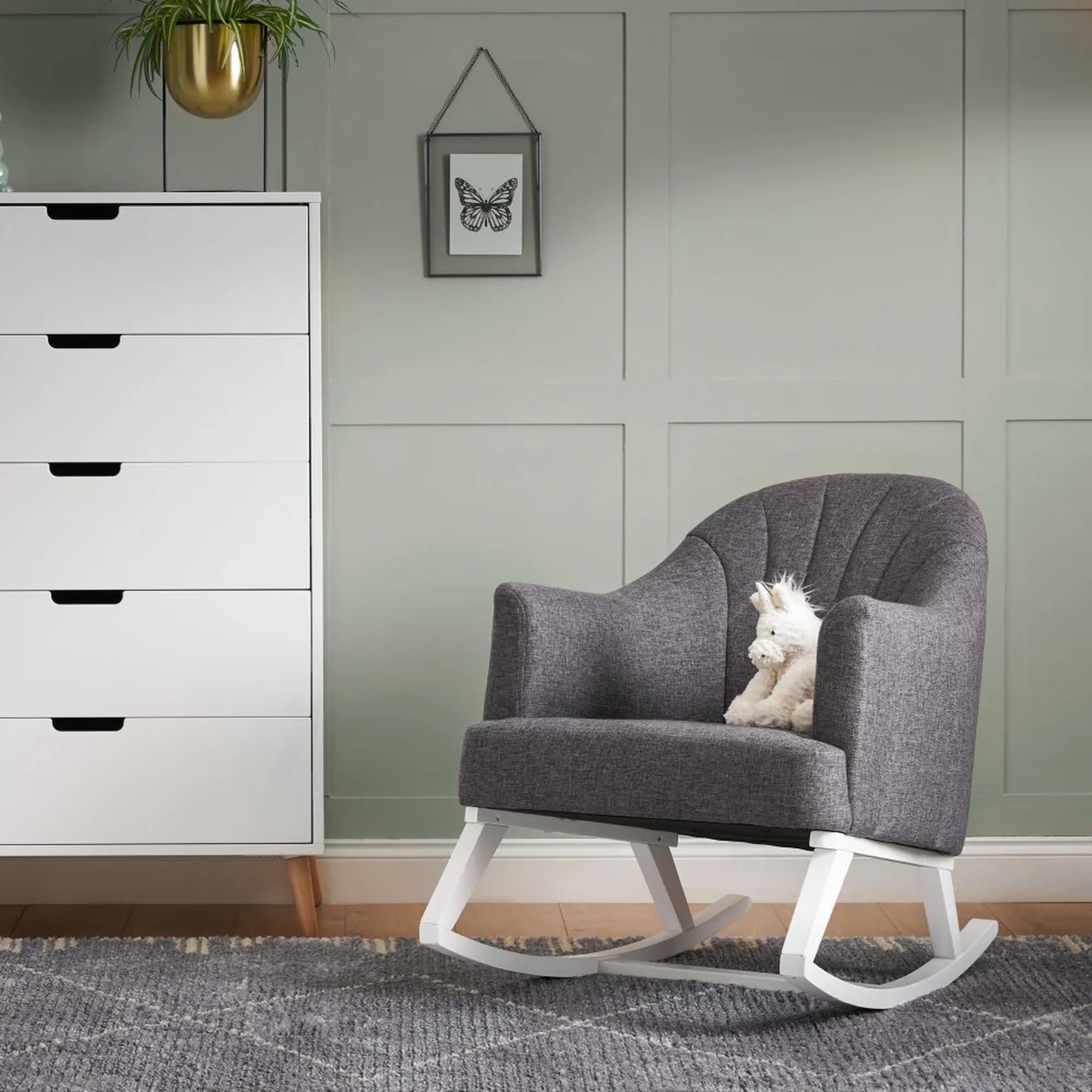Obaby Round Back Rocking Chair - White with Dark Grey Cushions